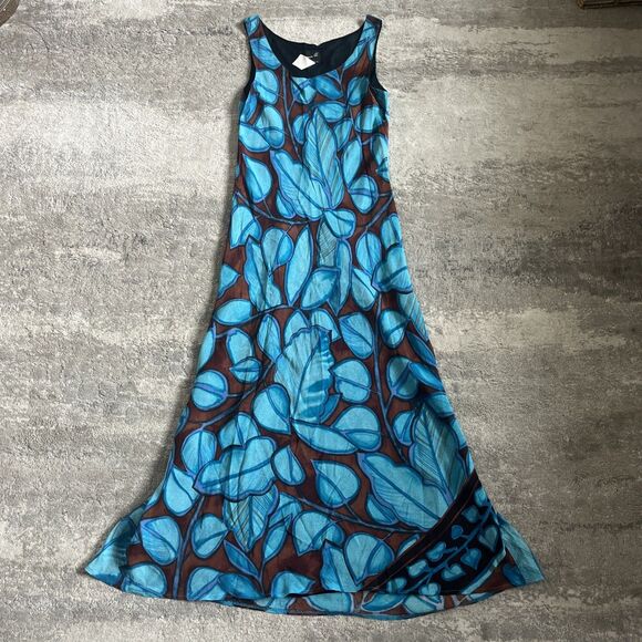Benjamin A. Dress Womens 10 Vintage Maxi Sleeveless Brown Teal Y2K Silky 90 Leaf - Picture 1 of 3